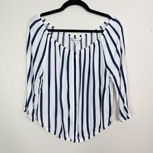 Cupcakes and Cashmere Small Striped Off The Shoulder Top White Blue Button Front